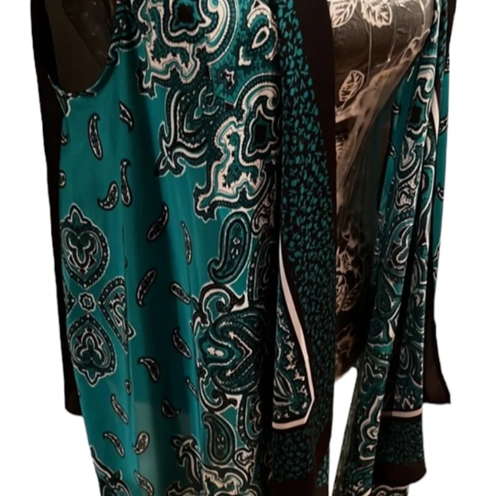 Michael Kors black & teal silk vest paisley print waterfall front size LG-XL